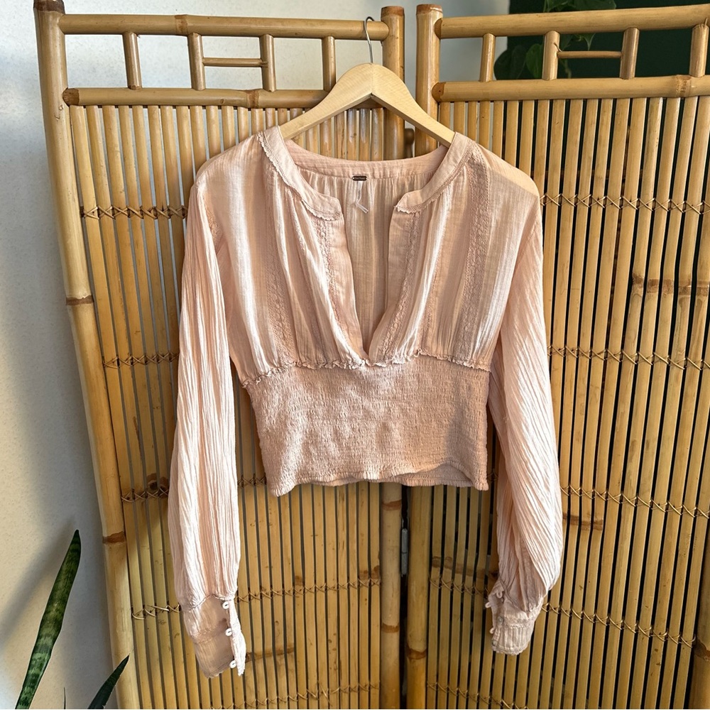 Free People Pale Pink Pleated Smock Waist Long Sleeve Top Large